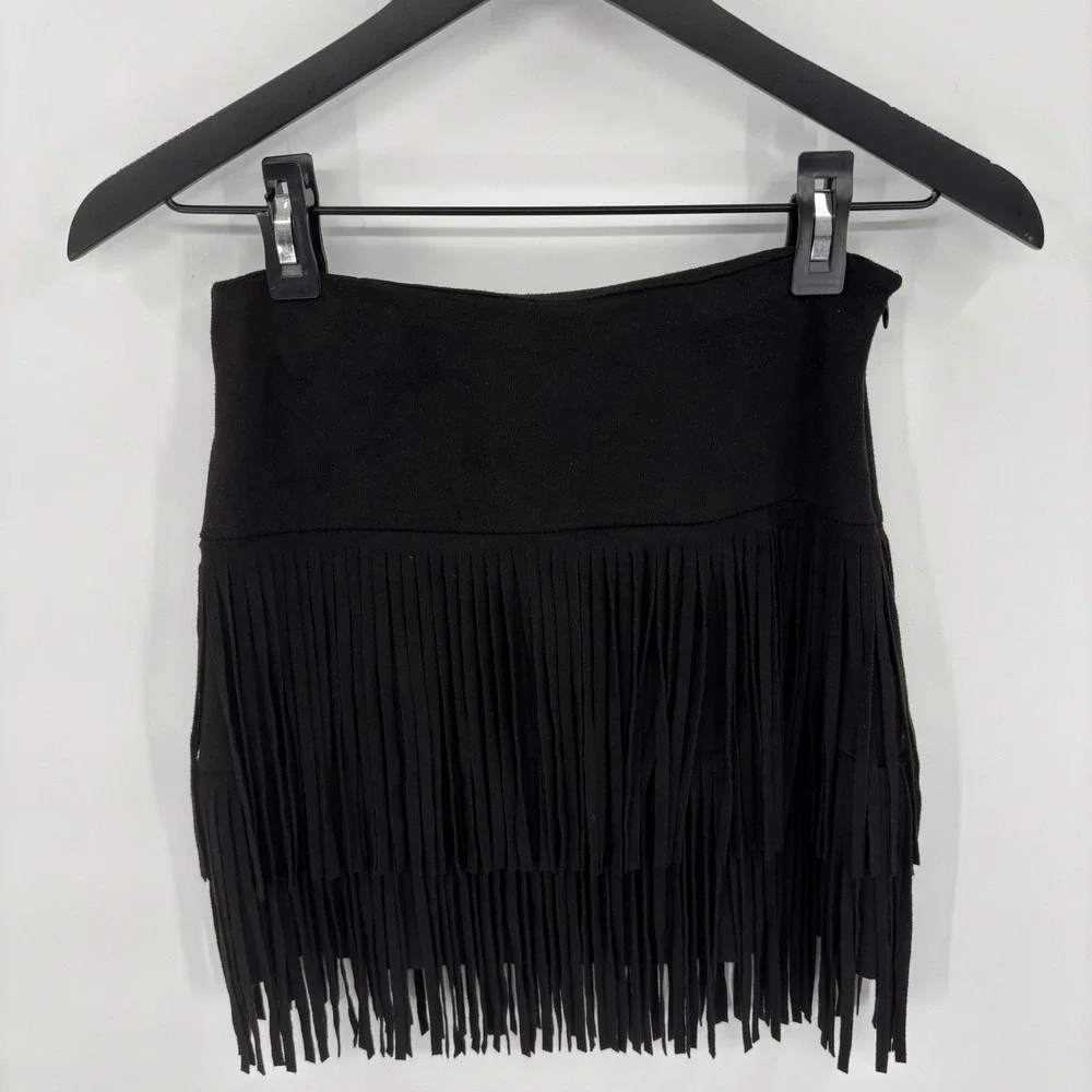 Fringe Faux Suede Mini Skirt Small Black Festival Coachella Western Gasparilla - Picture 3 of 10